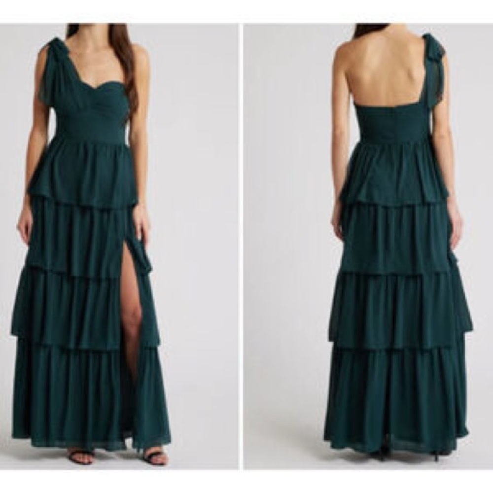 Lulu's One-Shoulder Dark Green Tiered‎ Dress